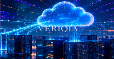 Glowing cloud network above server skyline, colourful landscape editorial photograph with subtle centered VERIQIA watermark