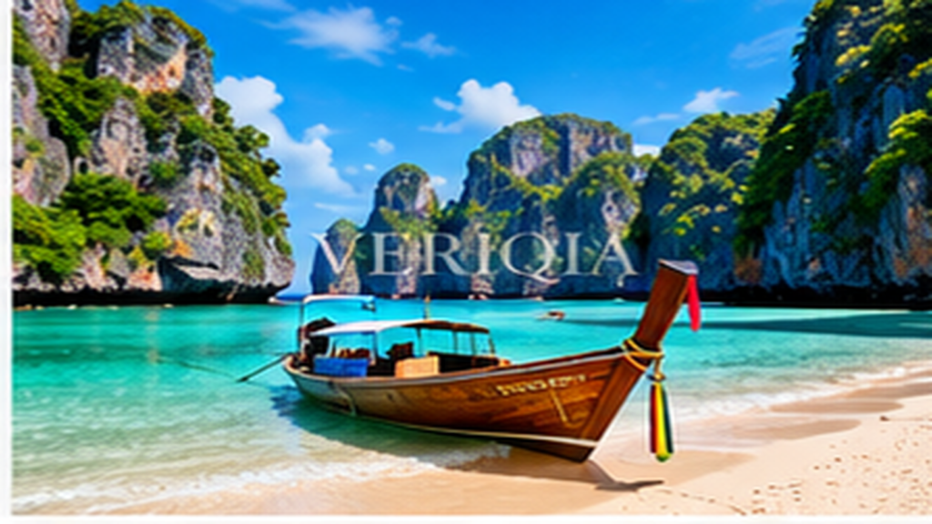 Turquoise beach with boat and dramatic green cliffs, colourful landscape editorial photograph with subtle centered VERIQIA watermark