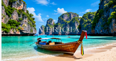 Turquoise beach with boat and dramatic green cliffs, colourful landscape editorial photograph with subtle centered VERIQIA watermark