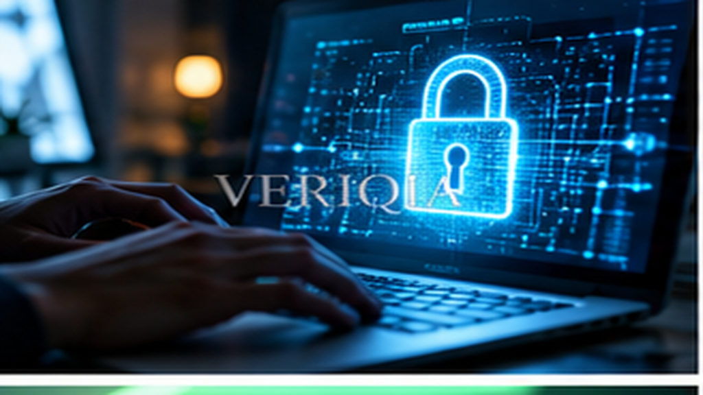 Secure laptop screen with glowing lock symbol, colourful landscape editorial photograph with subtle centered VERIQIA watermark