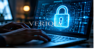 Secure laptop screen with glowing lock symbol, colourful landscape editorial photograph with subtle centered VERIQIA watermark