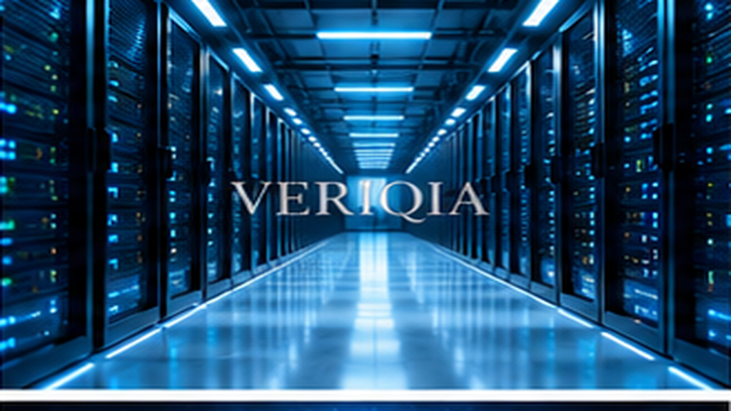 Illuminated rows of high technology server racks, colourful landscape editorial photograph with subtle centered VERIQIA watermark