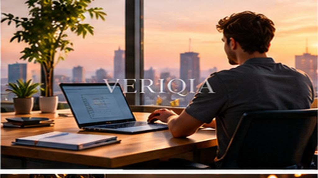 Person working at a sunlit desk with laptop, colourful landscape editorial photograph with subtle centered VERIQIA watermark