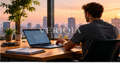 Person working at a sunlit desk with laptop, colourful landscape editorial photograph with subtle centered VERIQIA watermark