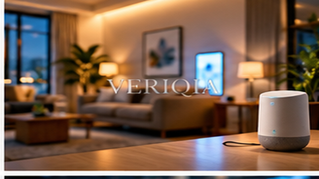 Minimalist living room with small voice assistant speaker, colourful landscape editorial photograph with subtle centered VERIQIA watermark