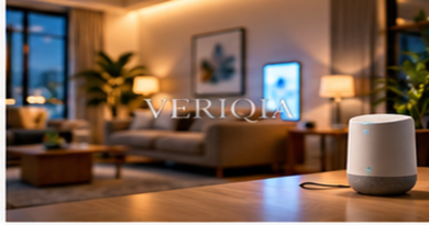 Minimalist living room with small voice assistant speaker, colourful landscape editorial photograph with subtle centered VERIQIA watermark