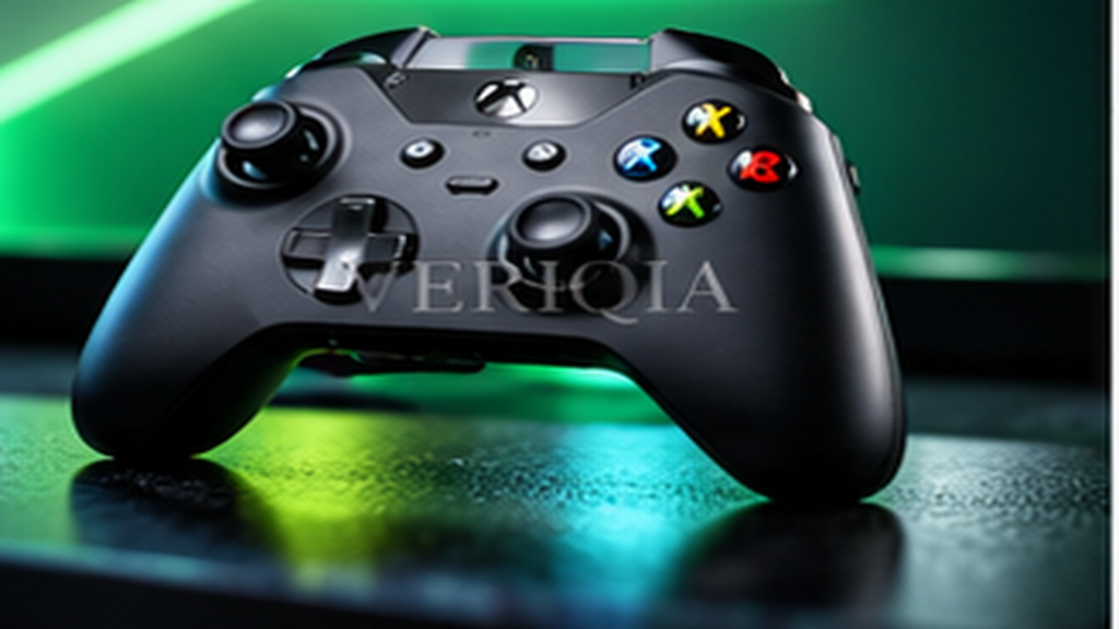 Close up of gaming controller on green lit desk, colourful landscape editorial photograph with subtle centered VERIQIA watermark