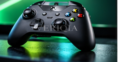 Close up of gaming controller on green lit desk, colourful landscape editorial photograph with subtle centered VERIQIA watermark
