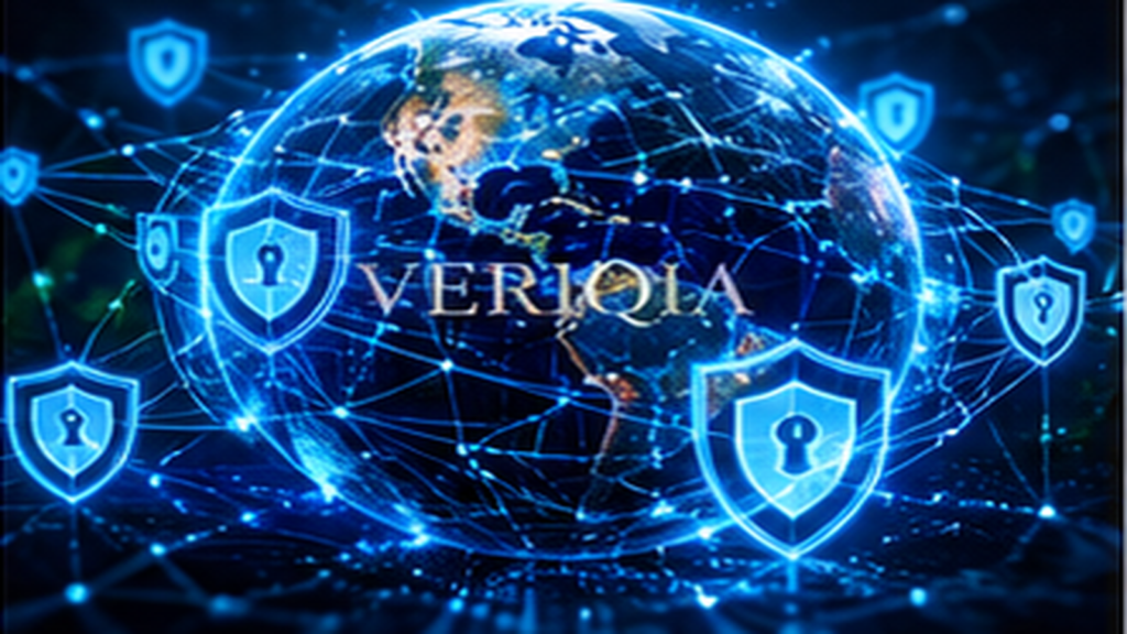 Glowing secure global network globe with shields, colourful landscape editorial photograph with subtle centered VERIQIA watermark