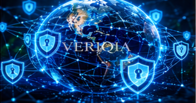 Glowing secure global network globe with shields, colourful landscape editorial photograph with subtle centered VERIQIA watermark