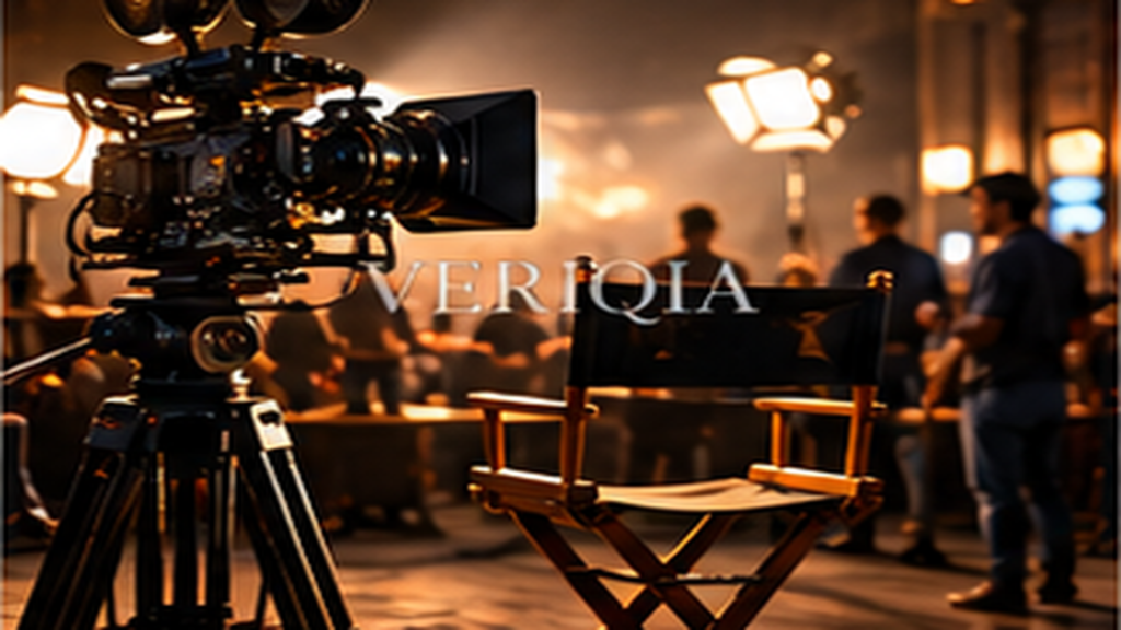 Professional cinema camera on warmly lit film set, colourful landscape editorial photograph with subtle centered VERIQIA watermark