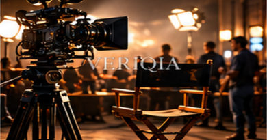 Professional cinema camera on warmly lit film set, colourful landscape editorial photograph with subtle centered VERIQIA watermark