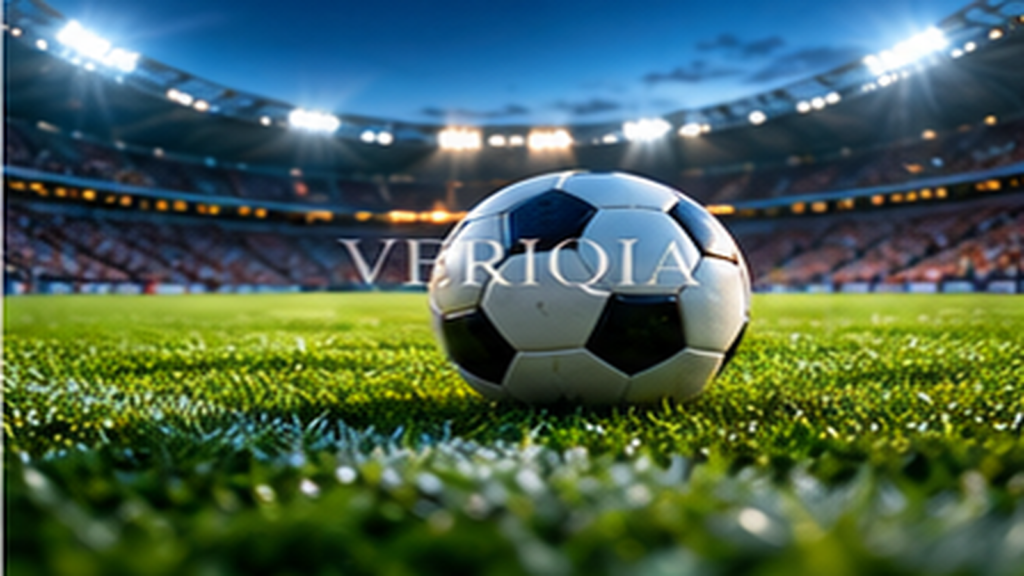 Football resting on stadium grass beneath bright floodlights, colourful landscape editorial photograph with subtle centered VERIQIA watermark