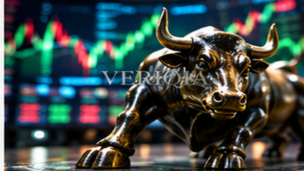 Bull statue against colourful stock market displays, colourful landscape editorial photograph with subtle centered VERIQIA watermark