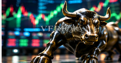 Bull statue against colourful stock market displays, colourful landscape editorial photograph with subtle centered VERIQIA watermark