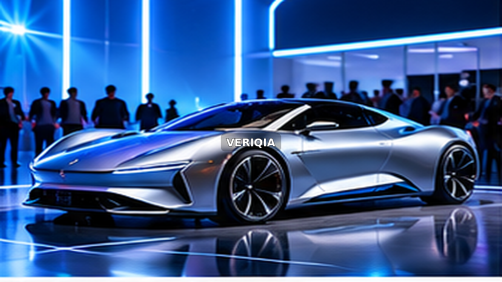 A dramatic futuristic electric coupe under stage lighting with centered VERIQIA watermark