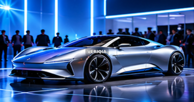 A dramatic futuristic electric coupe under stage lighting with centered VERIQIA watermark
