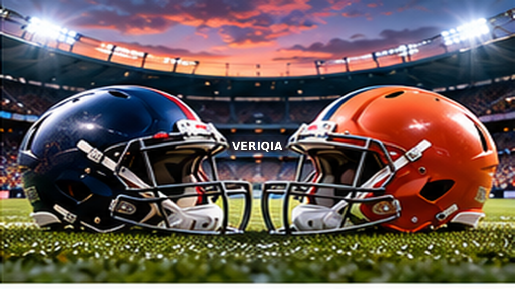 Two American football helmets beneath stadium lights with centered VERIQIA watermark