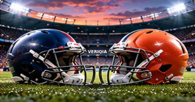 Two American football helmets beneath stadium lights with centered VERIQIA watermark