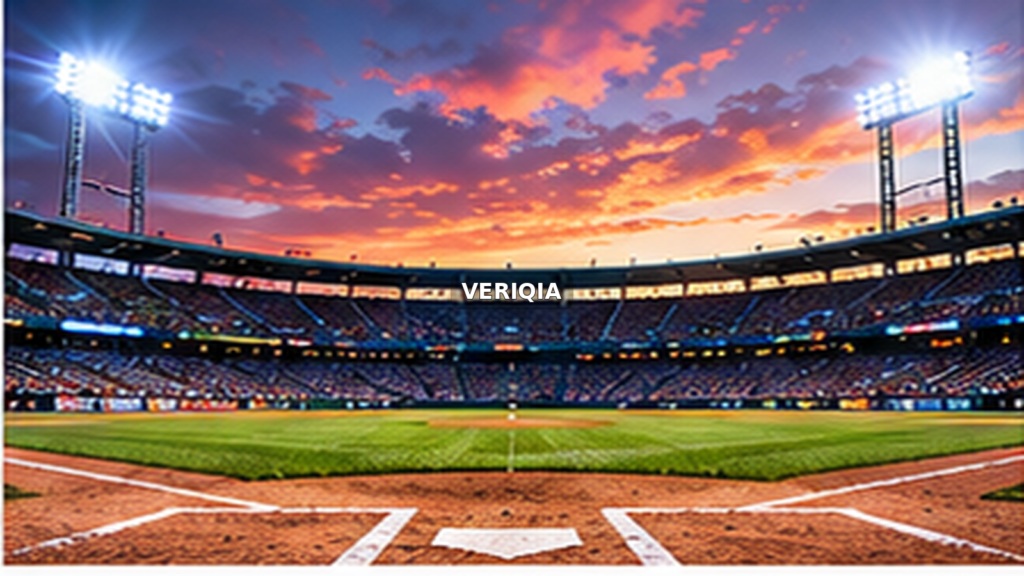 Baseball stadium at sunset during a packed evening game with centered VERIQIA watermark