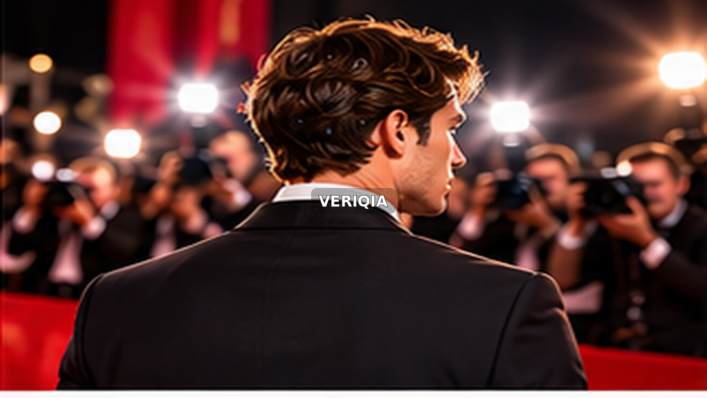 Actor in a dark suit at a film premiere with centered VERIQIA watermark