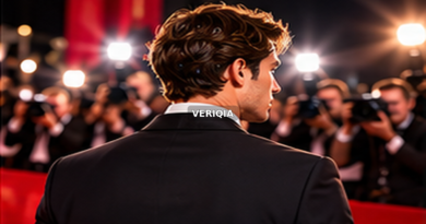 Actor in a dark suit at a film premiere with centered VERIQIA watermark