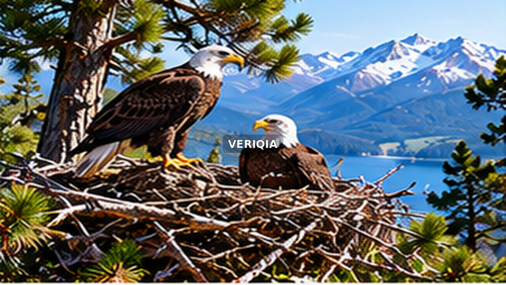 Bald eagles standing beside their nest in mountains with centered VERIQIA watermark