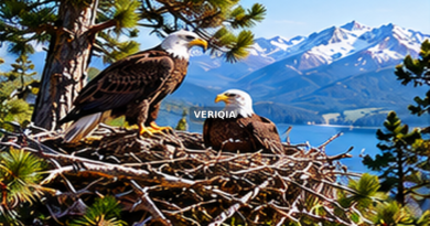 Bald eagles standing beside their nest in mountains with centered VERIQIA watermark