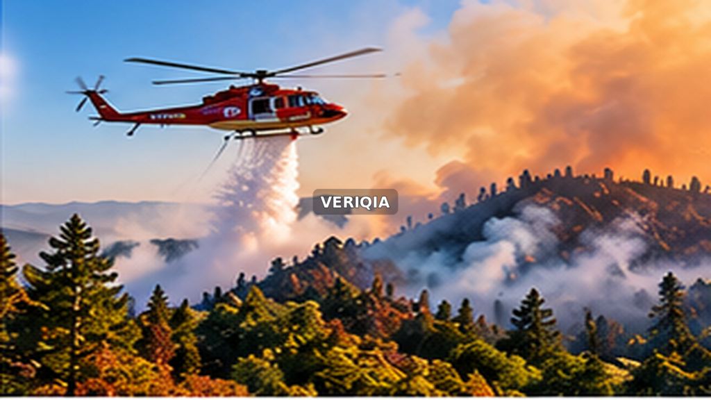 Rescue helicopter flying above distant brushfire smoke with centered VERIQIA watermark