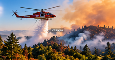 Rescue helicopter flying above distant brushfire smoke with centered VERIQIA watermark