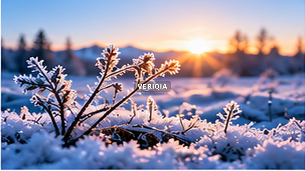 Frost crystals on branches at winter sunrise with centered VERIQIA watermark