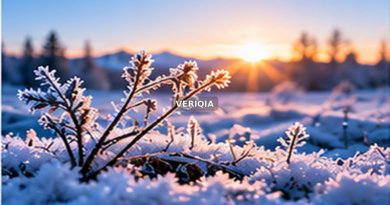 Frost crystals on branches at winter sunrise with centered VERIQIA watermark