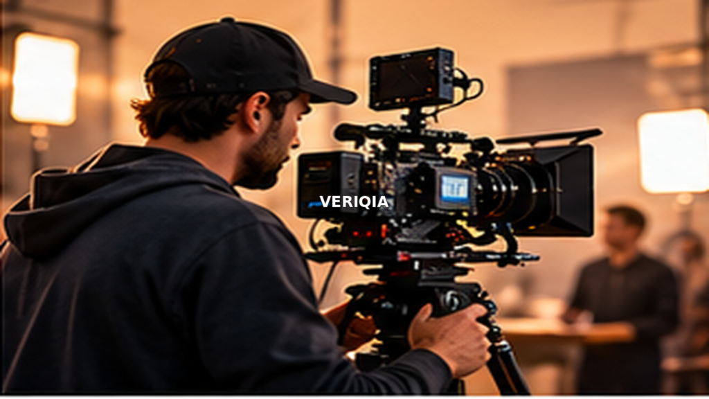 Professional camera operator on a film set with centered VERIQIA watermark