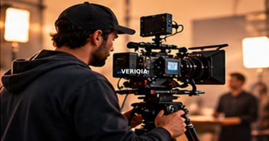 Professional camera operator on a film set with centered VERIQIA watermark