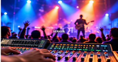 Colorful concert stage with live sound desk with centered VERIQIA watermark