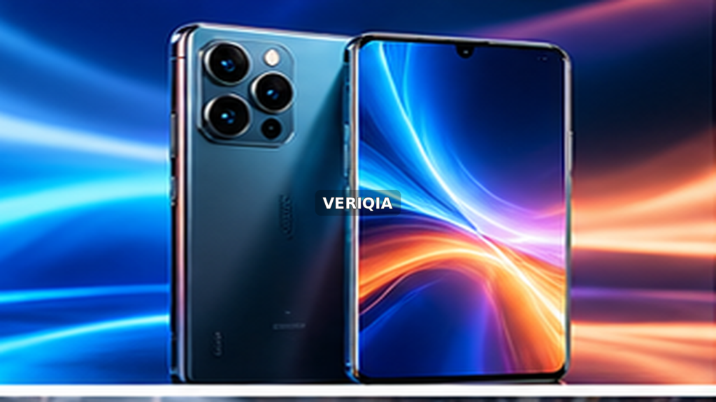 Modern smartphone with colorful reflective display with centered VERIQIA watermark
