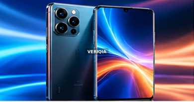 Modern smartphone with colorful reflective display with centered VERIQIA watermark