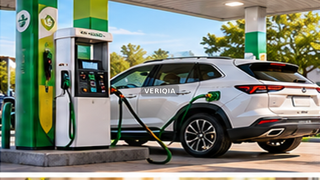 Compact crossover refueling at a green-themed station with centered VERIQIA watermark