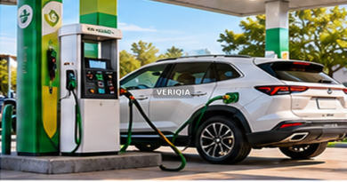 Compact crossover refueling at a green-themed station with centered VERIQIA watermark