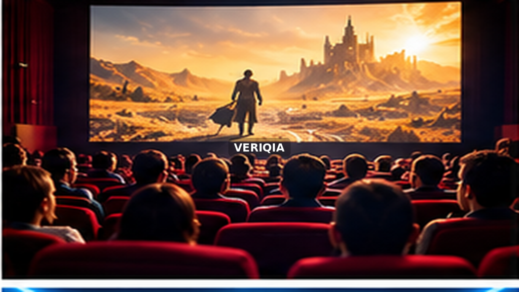 Cinema screen glowing before a full audience with centered VERIQIA watermark