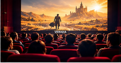 Cinema screen glowing before a full audience with centered VERIQIA watermark