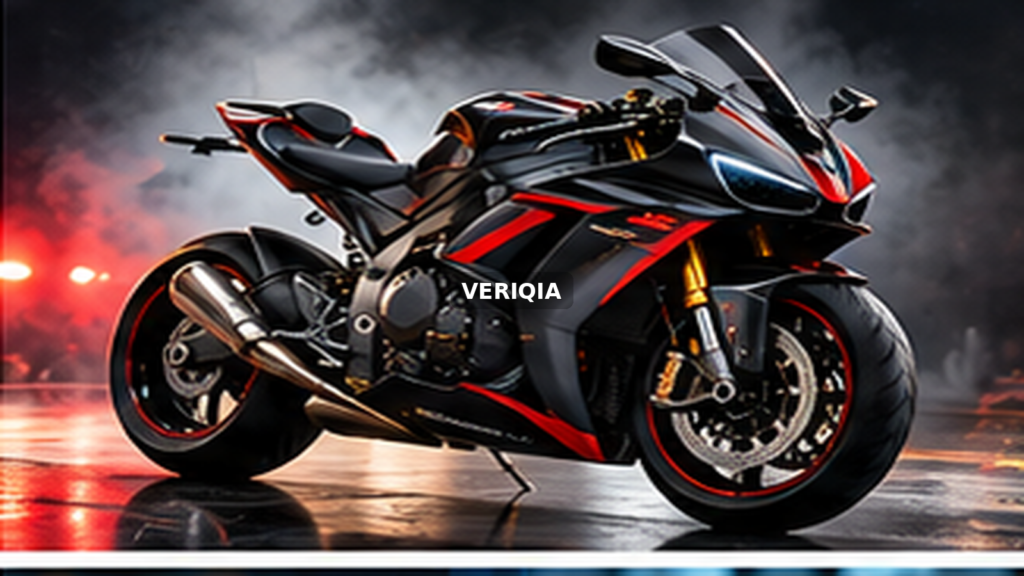 Black and red sport motorcycle under studio lighting with centered VERIQIA watermark