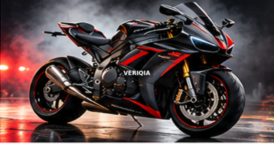 Black and red sport motorcycle under studio lighting with centered VERIQIA watermark