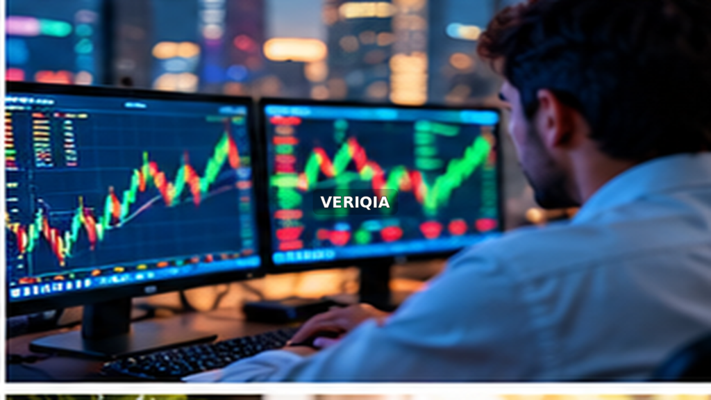 Analyst inspecting live market charts at a desk with centered VERIQIA watermark