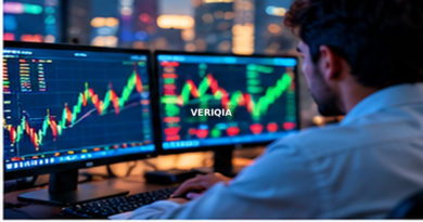 Analyst inspecting live market charts at a desk with centered VERIQIA watermark