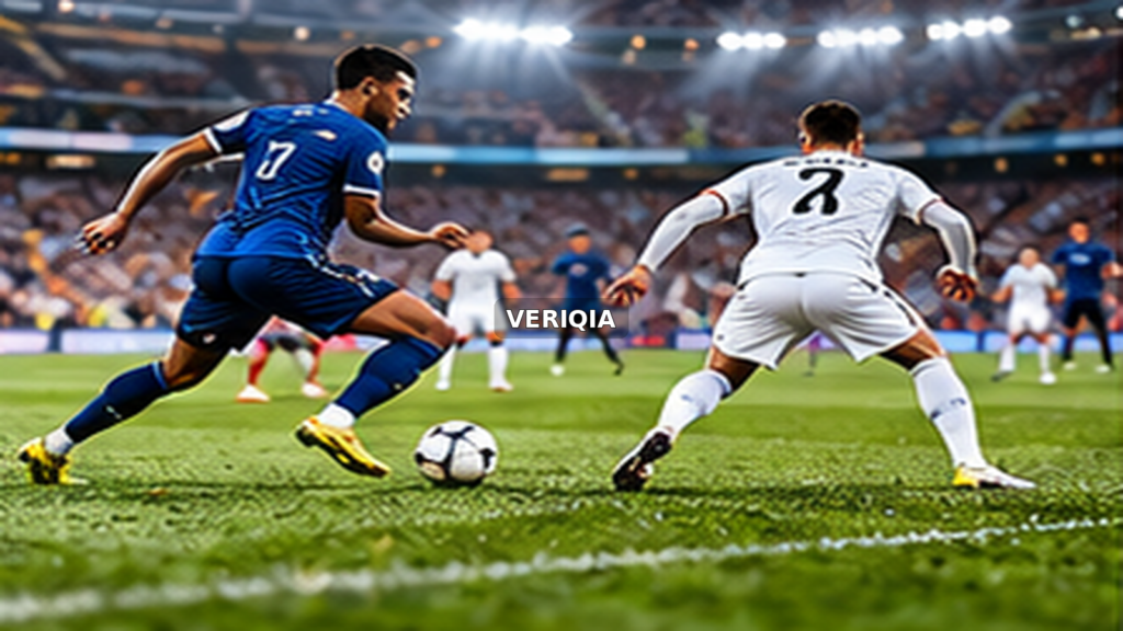 Soccer players competing beneath floodlights with centered VERIQIA watermark