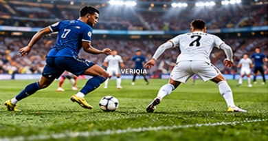 Soccer players competing beneath floodlights with centered VERIQIA watermark