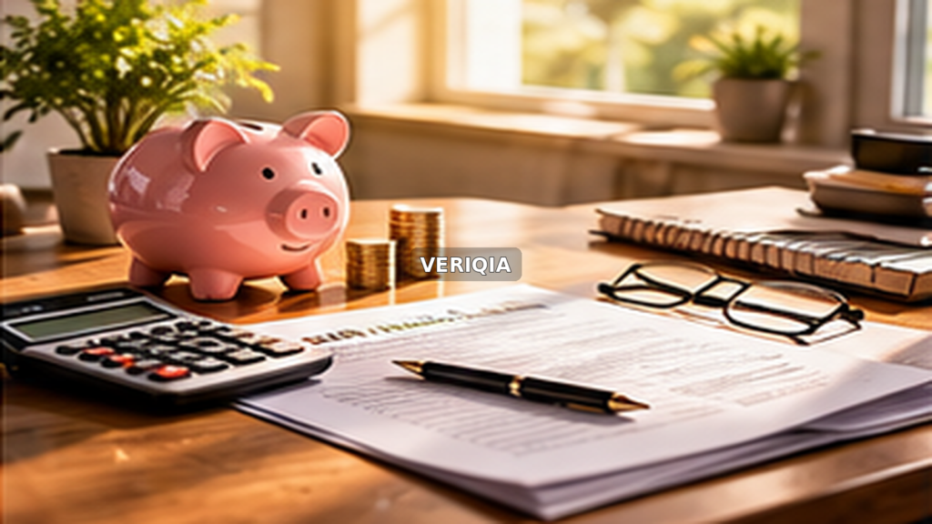 Paperwork, calculator and savings jar on a desk with centered VERIQIA watermark