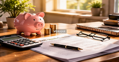 Paperwork, calculator and savings jar on a desk with centered VERIQIA watermark