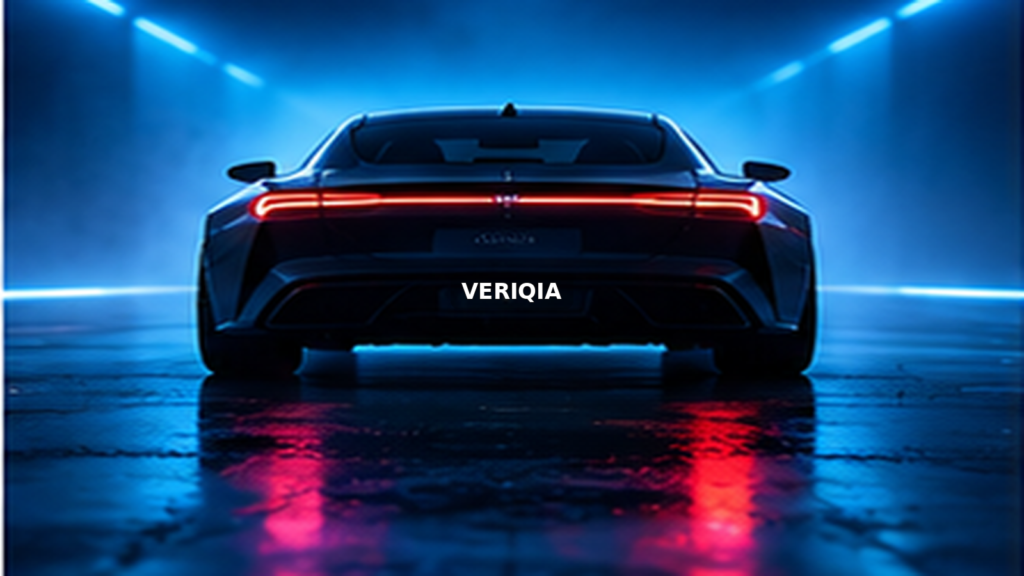 Rear of sleek electric sports car in a blue-lit hall with centered VERIQIA watermark